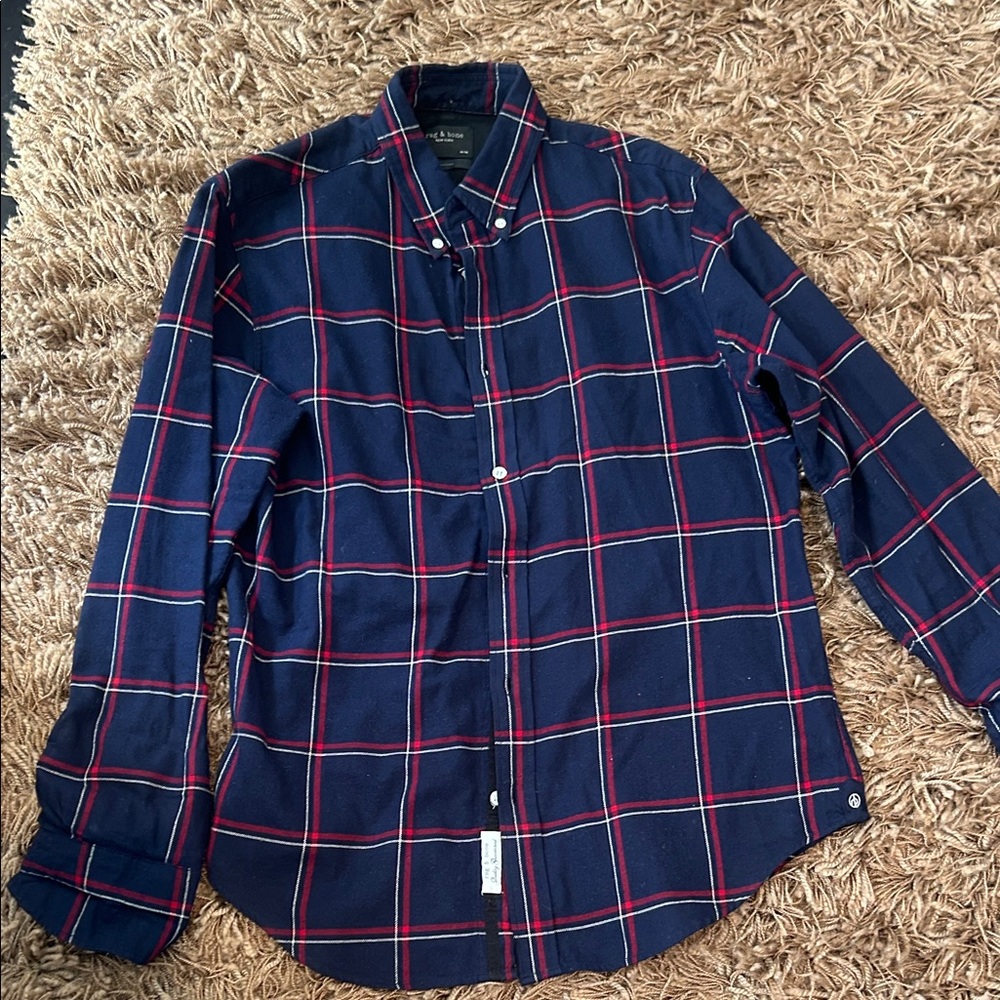 Rag & Bone Men's Navy Plaid Button-Down Shirt with Red & White Windowpane size M